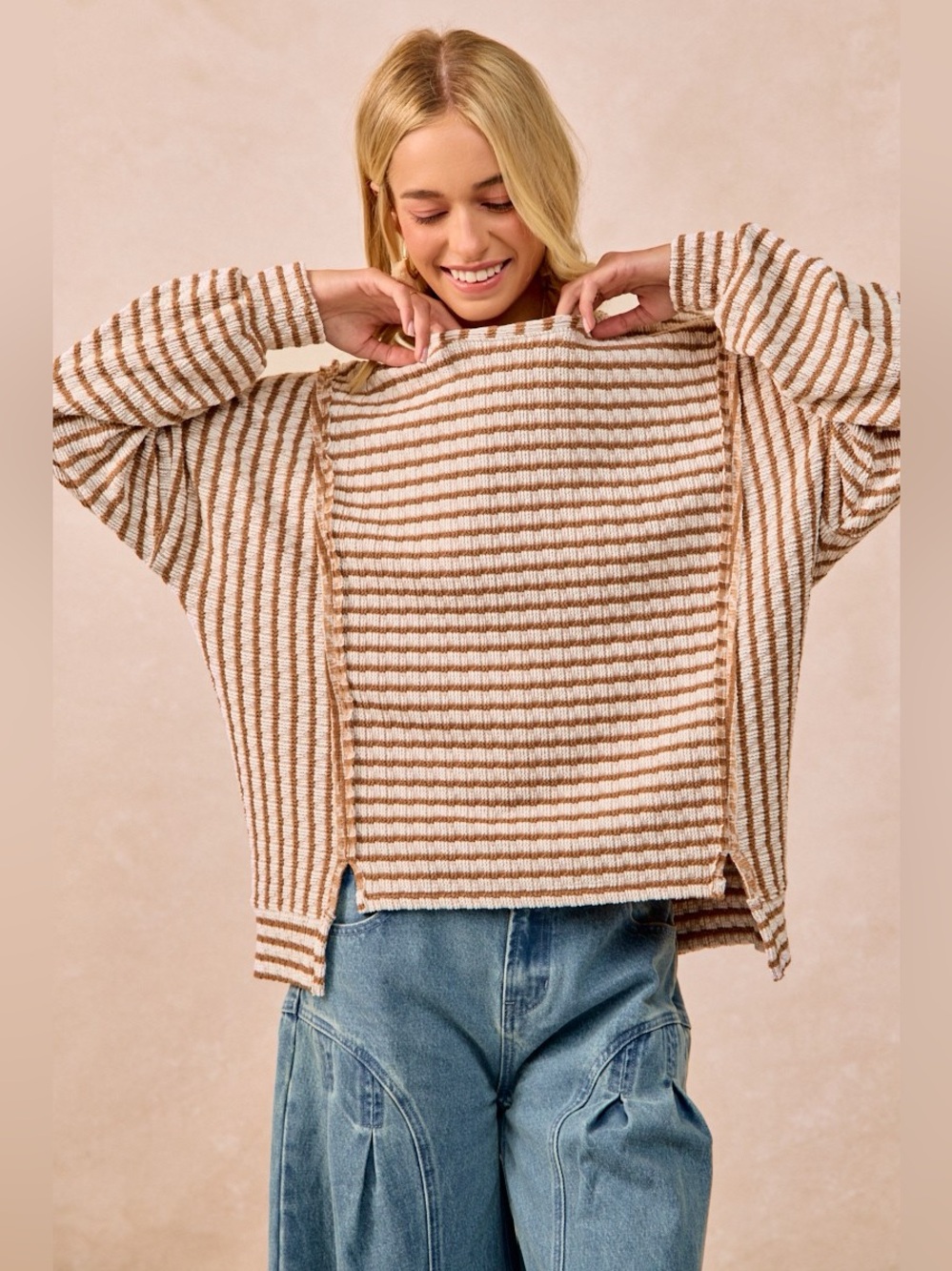 BiBi Open Seam Detail Textured Stripe Knit Top